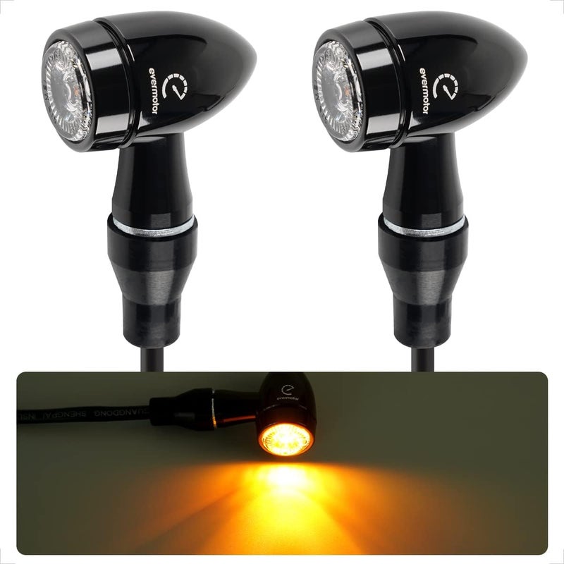 evermotor Mini Bullet Motorcycle Turn Signals - LED Blinkers Amber Light, CNC Machined, Aluminium Alloy - 12V Front Rear Indicator for Harley, Bike, Yamaha, Honda, Cafe Racer, Cruiser, 2PCS - Image 1